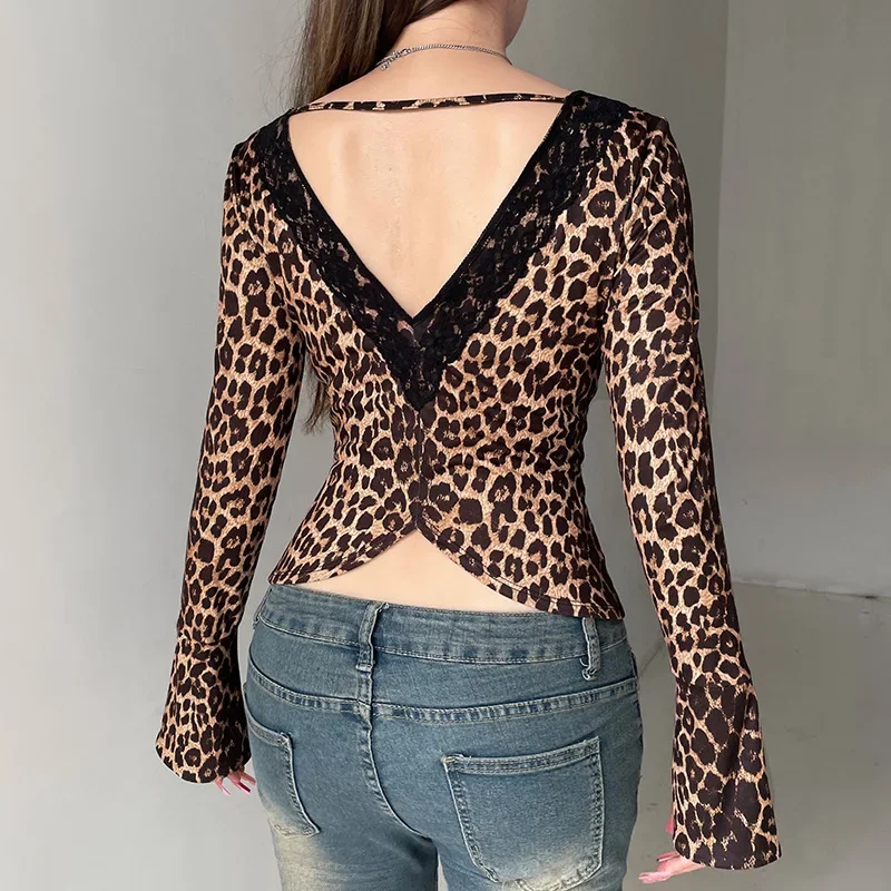 Leopard Print Lace Ruffled T-shirt Vintage Long Sleeve Tee Shirts Y2K Aesthetic Fairycore Crop Top Female Coqutte Cloth