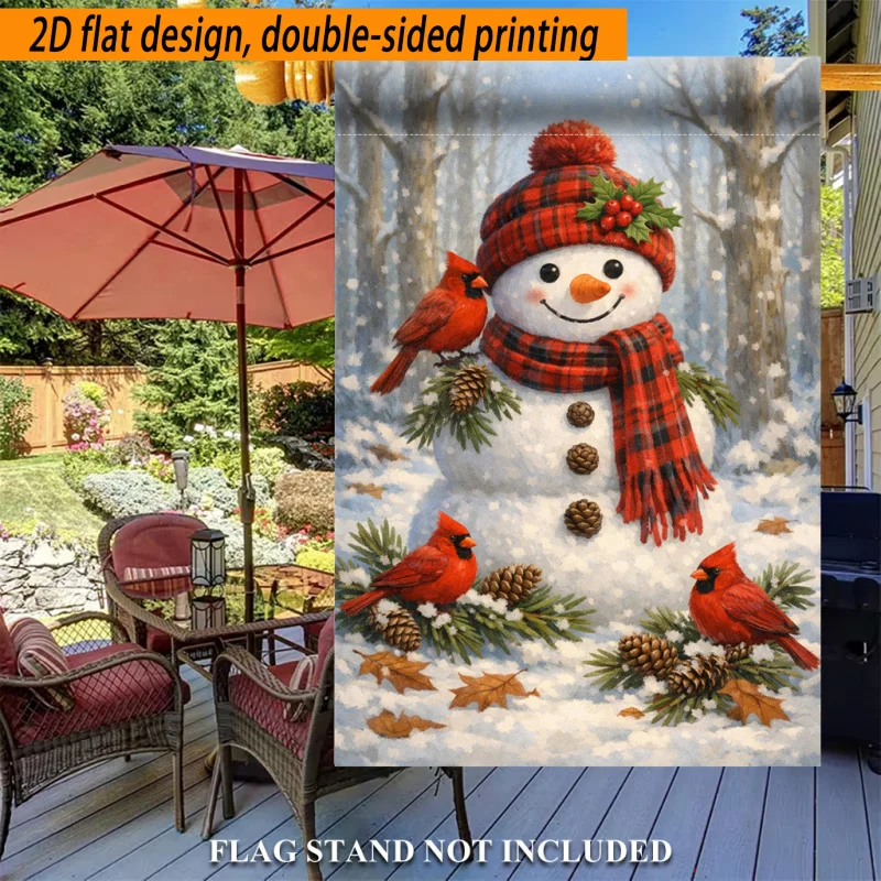 2D Flat, 2D Flat Design, Double-sided Printing, 2D Flat Garden Flag, 1pc, Winter Snowman Wearing Hat and Scarf, Smiling, Polyester Garden Flag, Holiday Outdoor Flag, Suitable for Outdoor Home and Garden Decoration, Valentine's Day, Mother's Day
