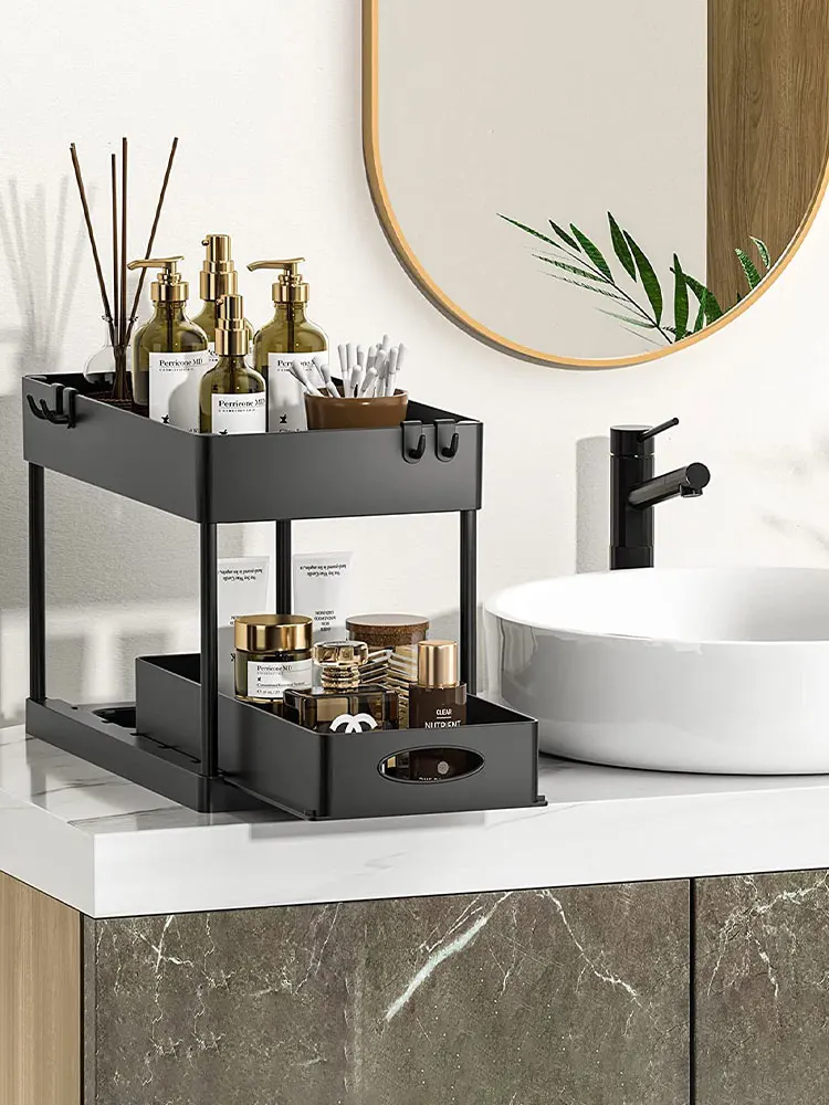 2 Tier Under Sink Organizer Sliding Cabinet Basket Organizer Storage Rack with Hooks Hanging Cup Bathroom Kitchen Organizer