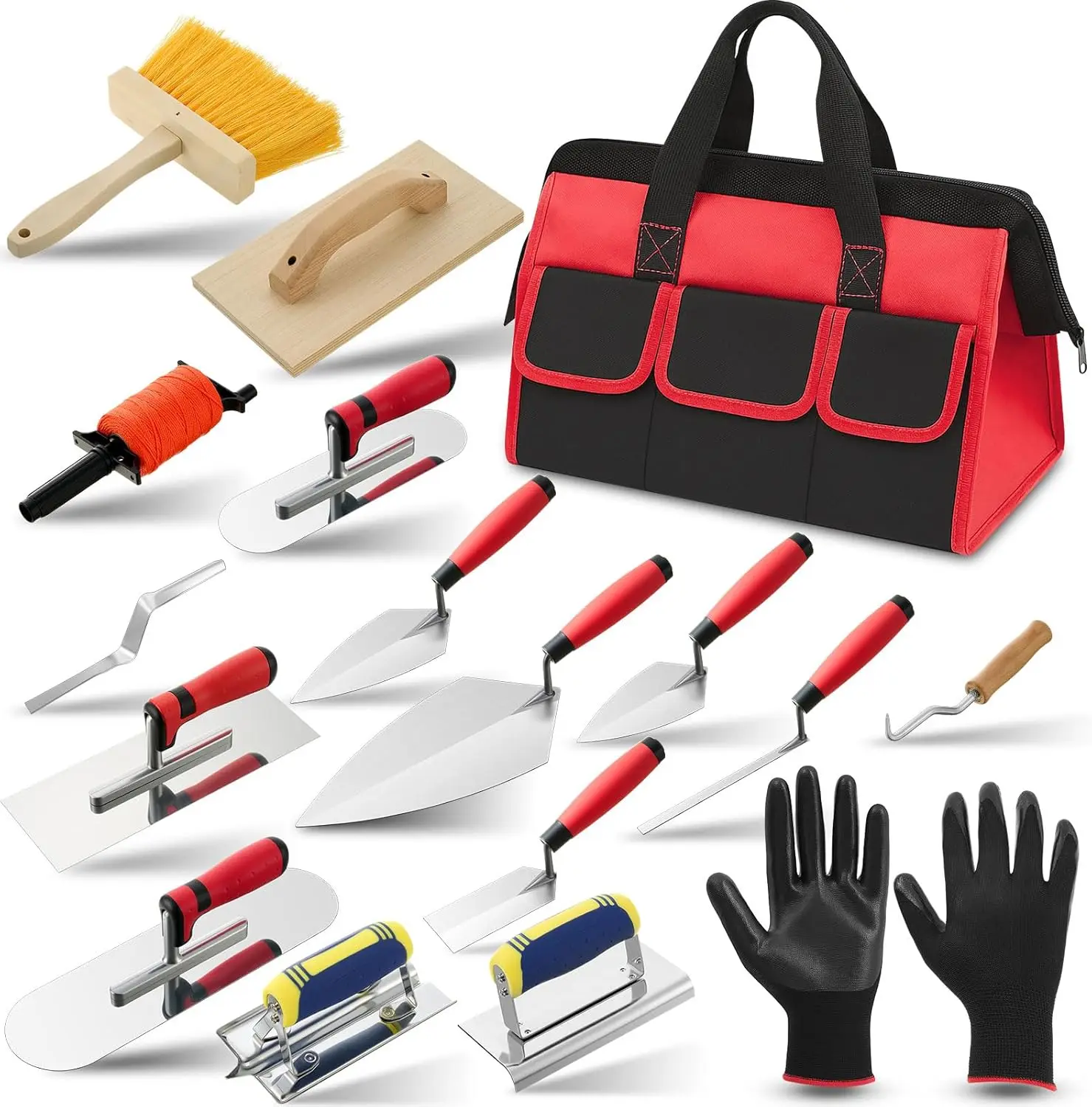 

18-Piece Masonry Tool Set with Trowel, Putty Knife, Brush & Gloves – Orange