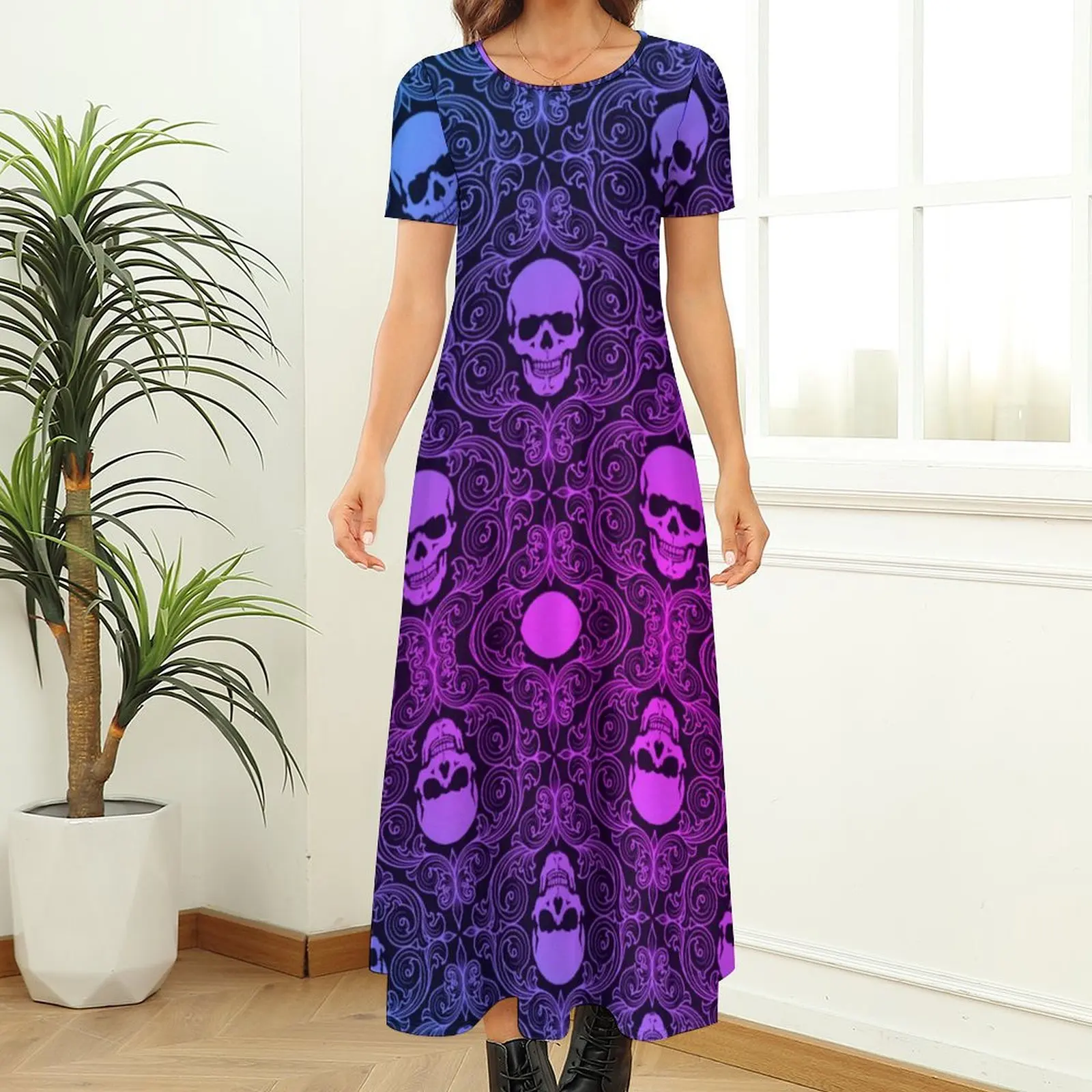 Abstract Skull Print Dress Retro Halloween Aesthetic Bohemia Long Dresses Woman Cute Maxi Dress Big Size 6XL 7XL