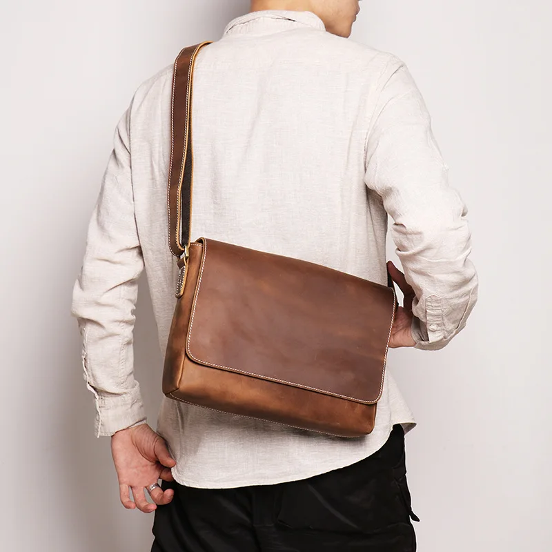 

Retro handmade men's shoulder bag, cowhide messenger bag, casual crazy horseskin men's postman bag