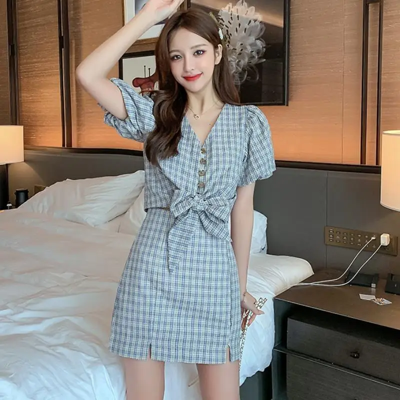 

New Women's Summer Outfit 2026 V Neck Tie Front Plaid Blouse High Low Skirt Fashion Loose Fit Suit