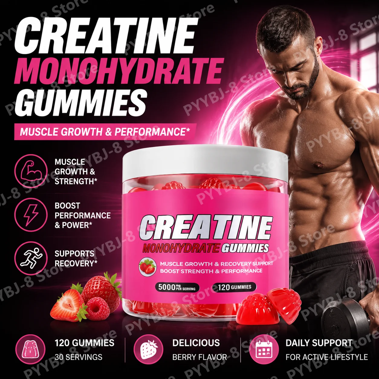 Creatine Monohydrate Gummies 120 Count 5000mg Strawberry Flavor Support Muscle Growth and Post Exercise Recovery No Sugar Vegan