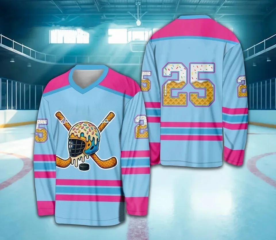 

2025 Autumn hockey stick Jersey V-Neck T-Shirts Unisex Casual HipHop Streetwear Fashion Sportswear Ice cream wind