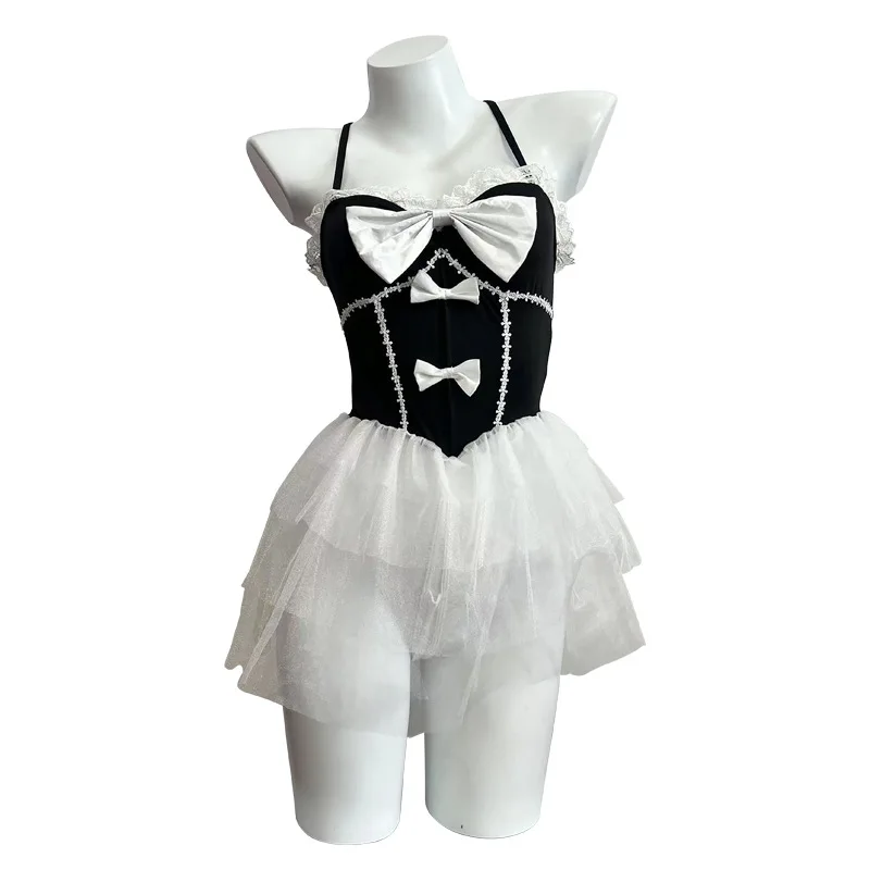 Sexy Rock Damenmode Erotik Braut Rollenspiel Hochzeitskleid Schleife Neckholder Spitze Anime Cosplay Katzenmädchen Kostüme Süßes Dienstmädchen-Outfit