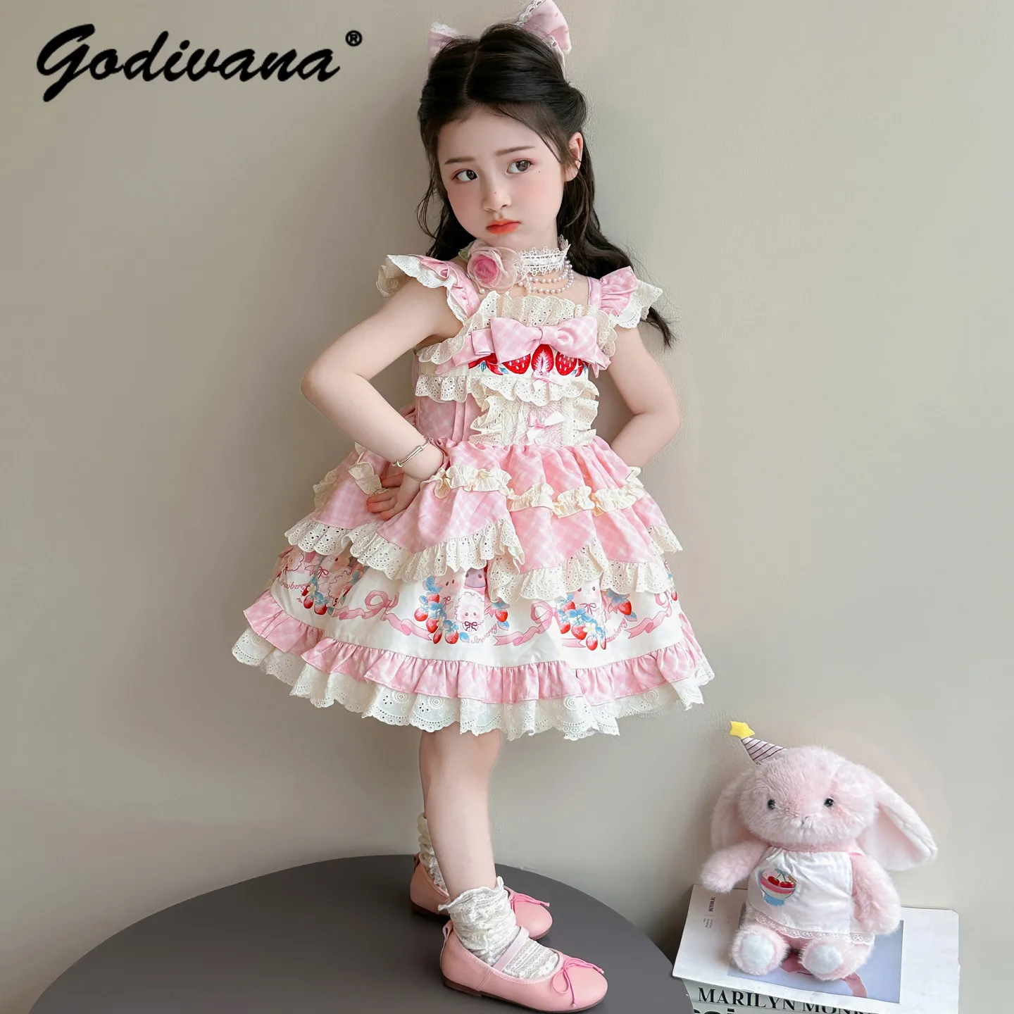Sweet Baby Girls Pink Lace-trimmed Strawberry Print Lolita Princess Dress 2026 New Summer Kids Ruffle Bow Performance Cake Dress
