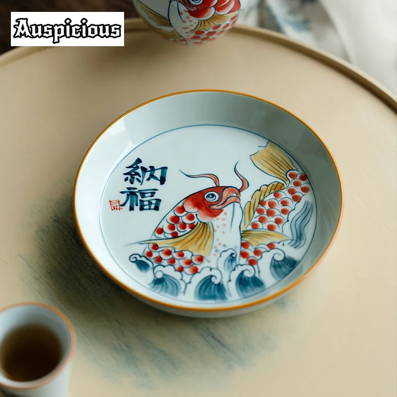 

Pure Hand-painted Dragon Fish Pot Bearing Holder Blue and White Dry Brew Table Tea Tray Fruit Palte Dishes Tea Ceremony Ornament