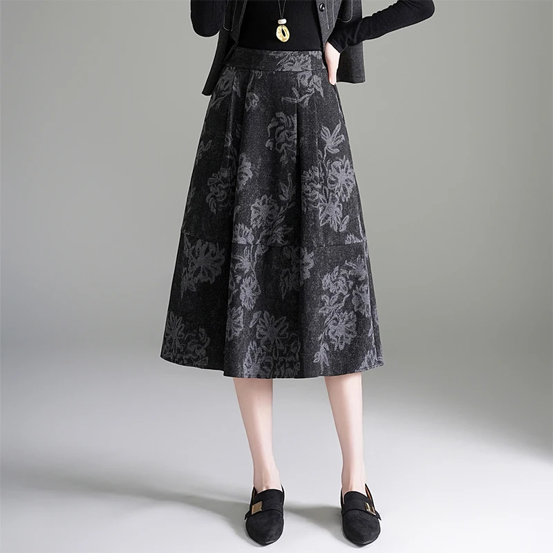

Romantic Sle High Waist Midi A-Line Skirt Women's Autumn Winter New High Waist Print Woolen Material f Body Skirt