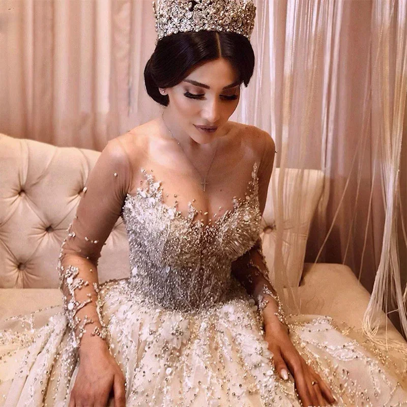 

Бальное платье по индивидуальному заказу, блестящие аппликации, бусы, роскошные свадебные платья, Vestido De Noiva, 2025, иллюзия, свадебные платья с длинными рукавами