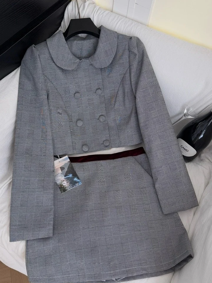 

Ретро кукольный воротник ort Svel Jaet, юбка с высокой талией, осенний комплект из двух предметов, шикарный зимний женский модный узор в клетку