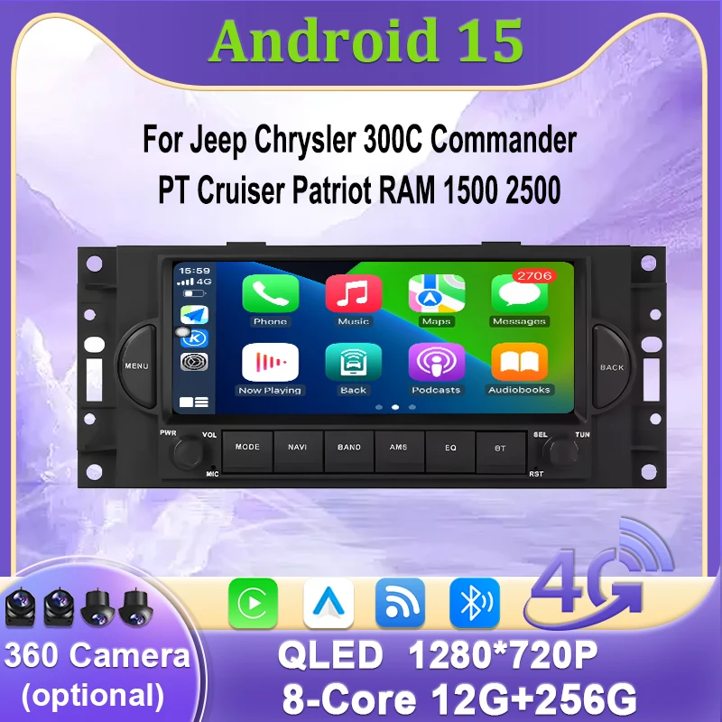 Carplay For Jeep Chrysler 300C Commander PT Cruiser Patriot RAM 1500 2500 Android 15 Car Radio Multimedia Player GPS Navi WIFI