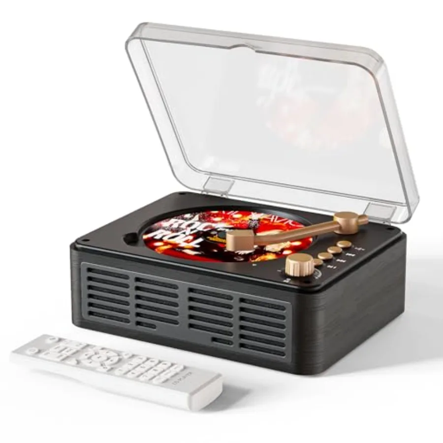 

Retro Portable CD Player with Bluetooth Speakers FM Radio Wooden Design for Home Black Wired Remote Control