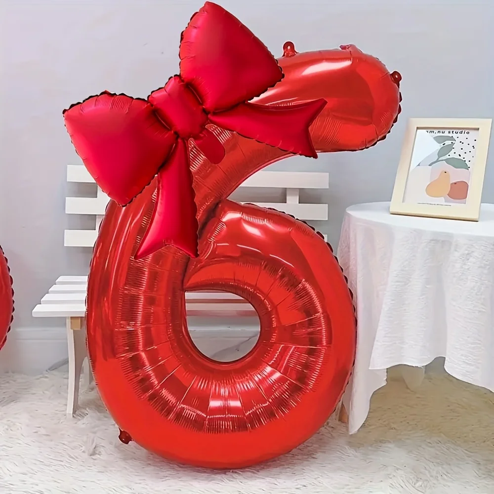 2 Stück Große 32-Zoll Rote Zahlenballons 0-9 mit Roter Schleife Folienballons für Geburtstagsfeier und Jubiläumsdekoration – Detail 9