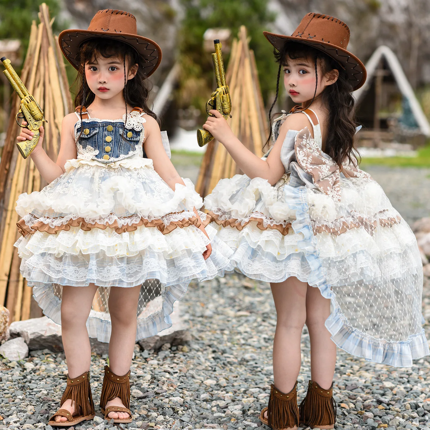 Girls Princess Summer New Cake Children's Denim Love Lolita High-end Fluffy Birthday Dress