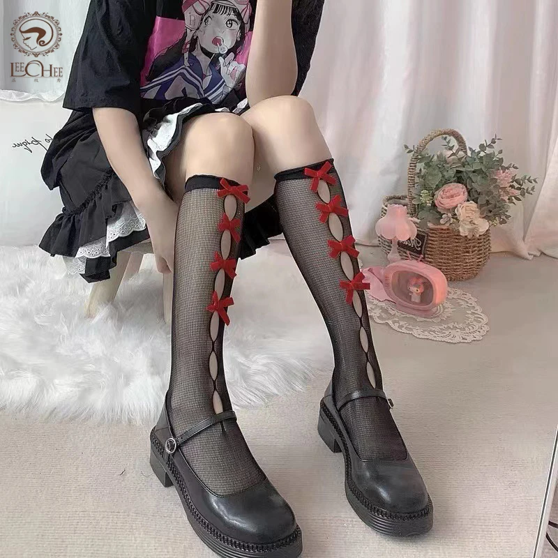 

Leechee Women's Bow Calf Socks 2 PCS/LOT Mid-Tube Half Leg Fishnet Socks Thin Hollow Sexy Stockings Perspective Erotic Lingerie