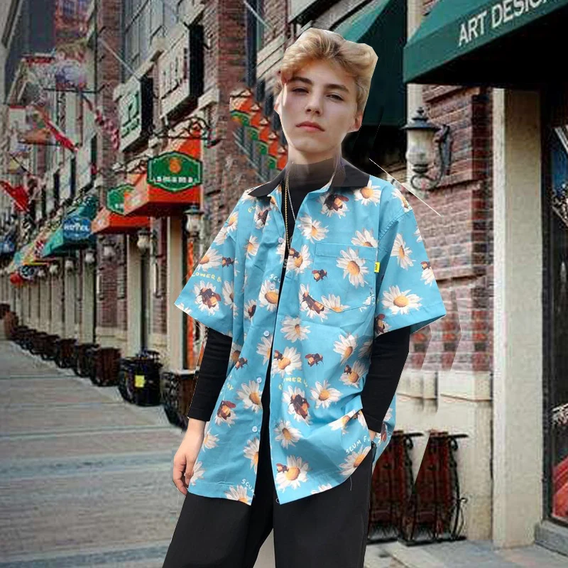 

Рубашка Blue Flame Golfwang с принтом подсолнухов и пчел, свободного кроя, с короткими рукавами, в стиле хип-хоп, летняя молодежная модная мужская рубашка