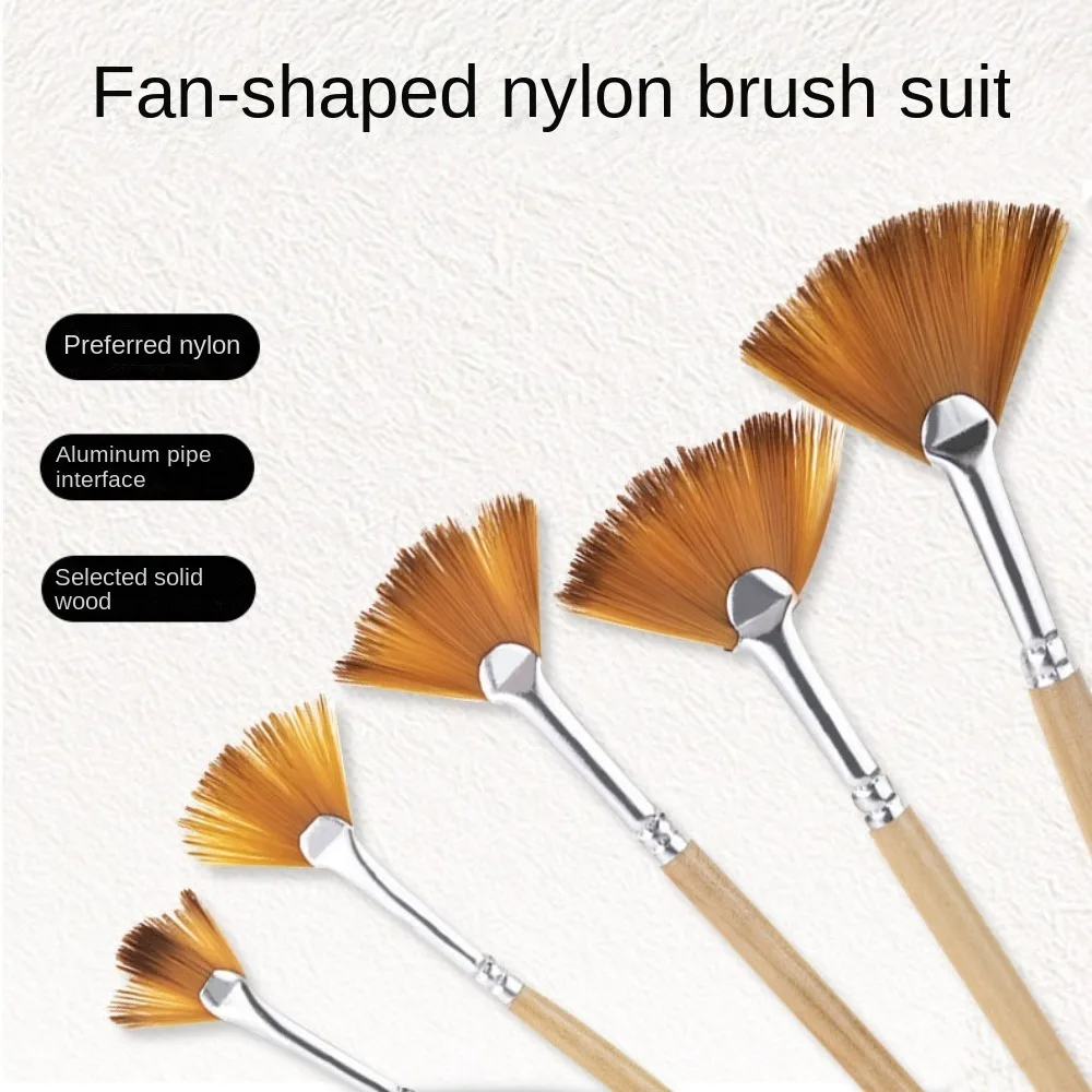 5pcs Acrylic Watercolor Paint Artist Fan Paint Brushes Painting Tool Nylon Hair Different Fan Shape Pens Wooden Brown