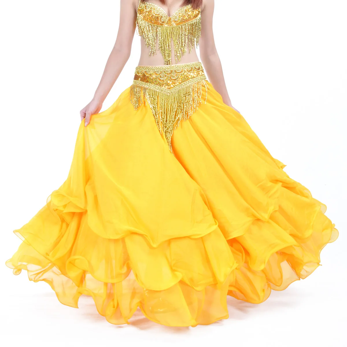 Three-Layer Chiffon Rolled Skirt Wavy High-End Skirt Belly Dance Swing Skirt (without belt) Stage Performance
