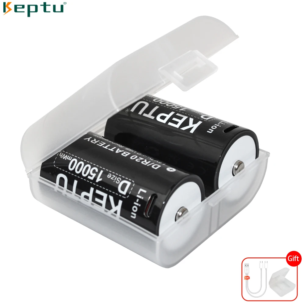USB Rechargeable D Size Batteries R20 LR20 HR20 Li-ion 1.5V 15000mWh with Type-C Cable for Gas Appliances
