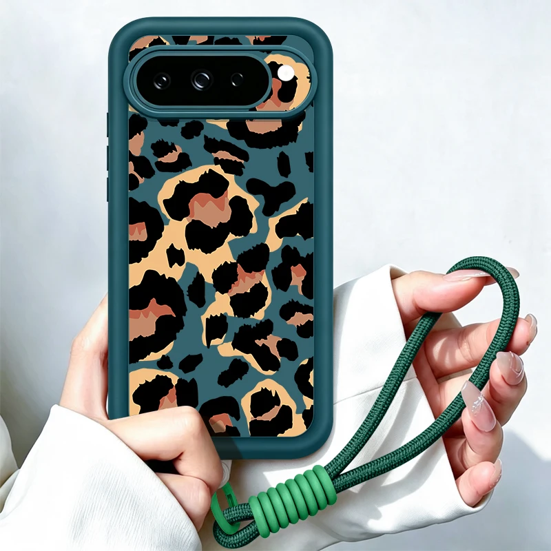 Leopard Print Heart Wrist Strap Lanyard Phone Case For Google Pixel 10 9 8 7 Pro 9A 8A 7A Pixel 9 10 Pro XL Soft TPU Back Cover