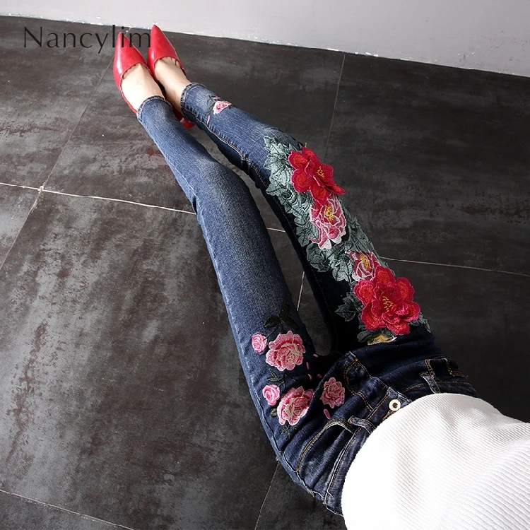 Skinny Foral Jeans für Frau Frühling und Herbst Pfingstrose Blumen stickerei National Wind Stretch Denim Hosen Hose Mujer