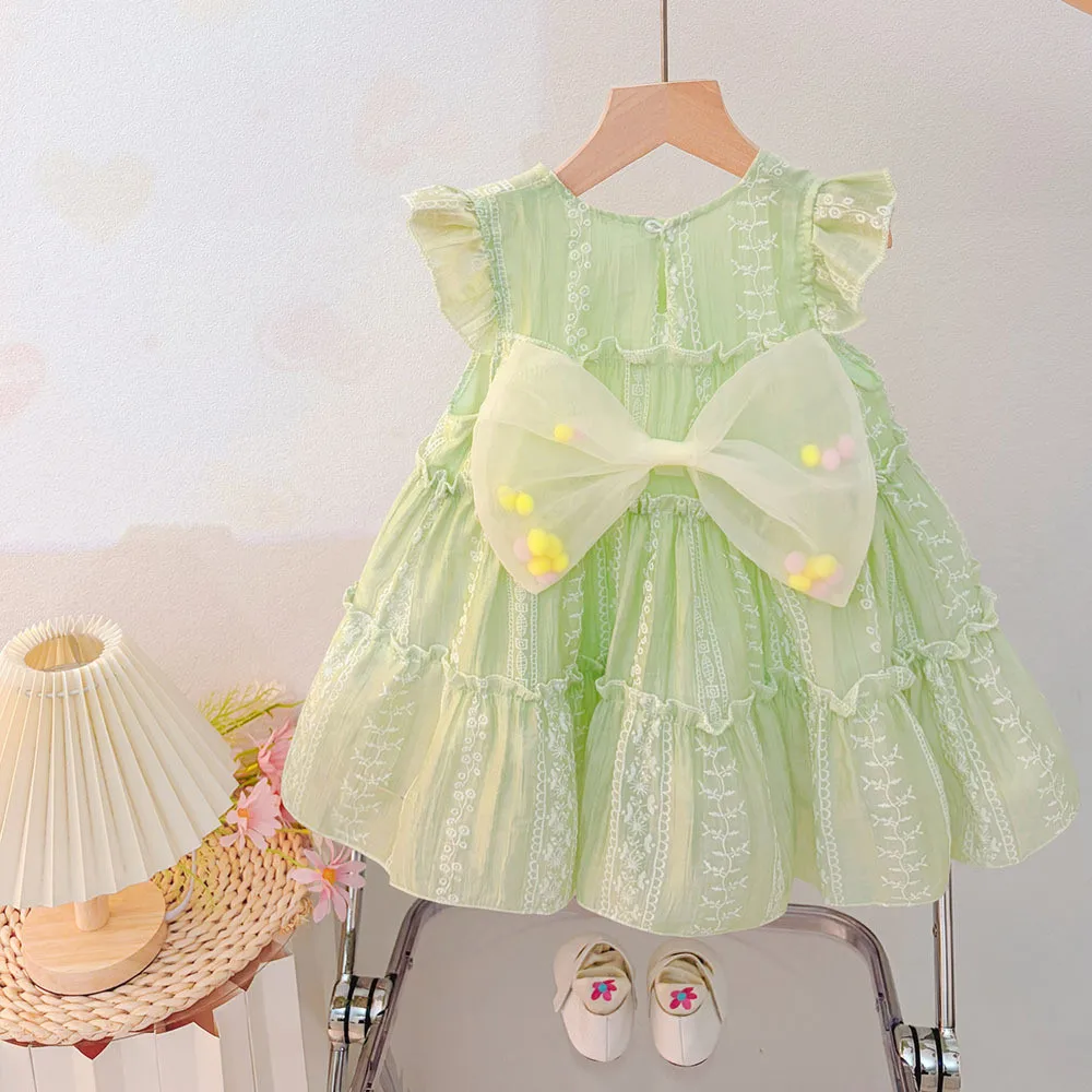 Korean Version Summer 1-3 Year Old Baby Girl Printed Round Neck Flying Sleeve Butterfly Bow Princess Dress for Birthday Party