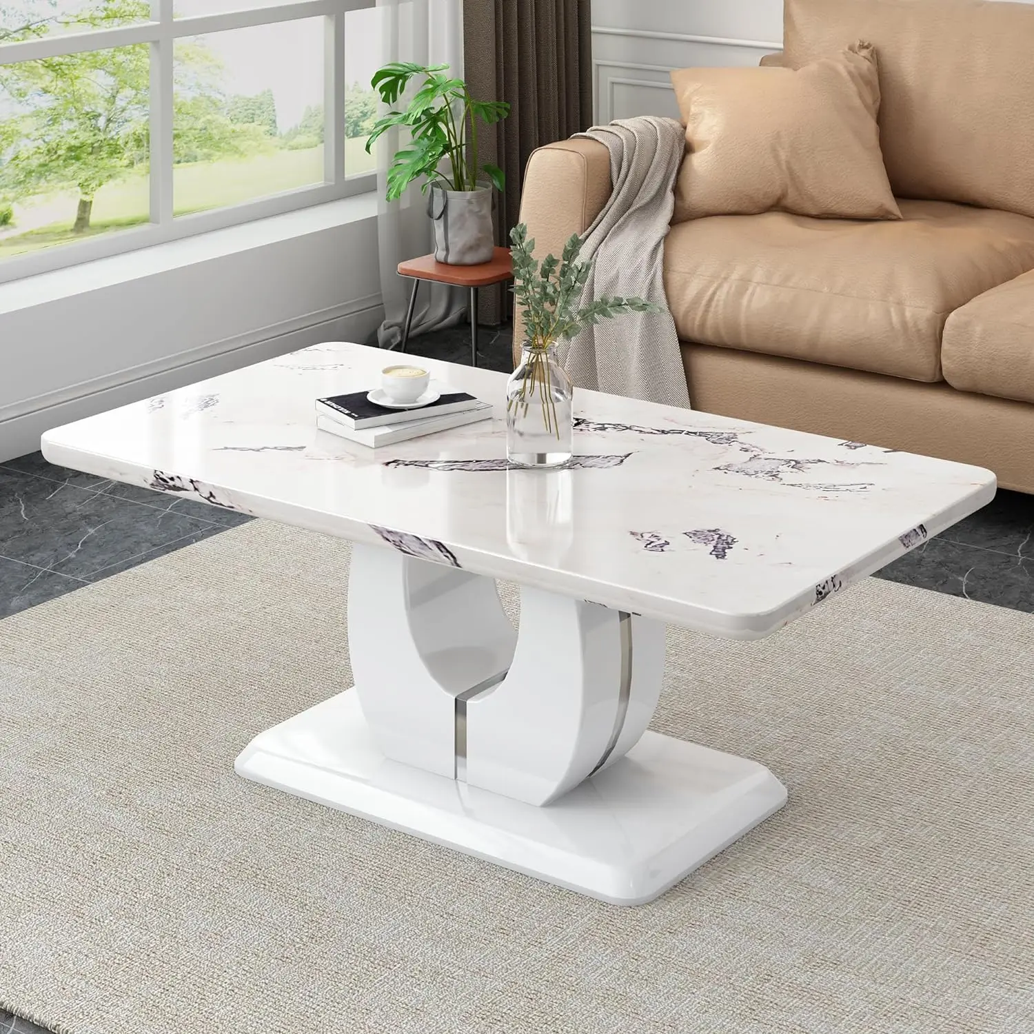 Modern Marble Coffee Table For Living Room, 47 Inch Unique Rectangle Cocktail Tables For Home Office Reception Waiting Area,