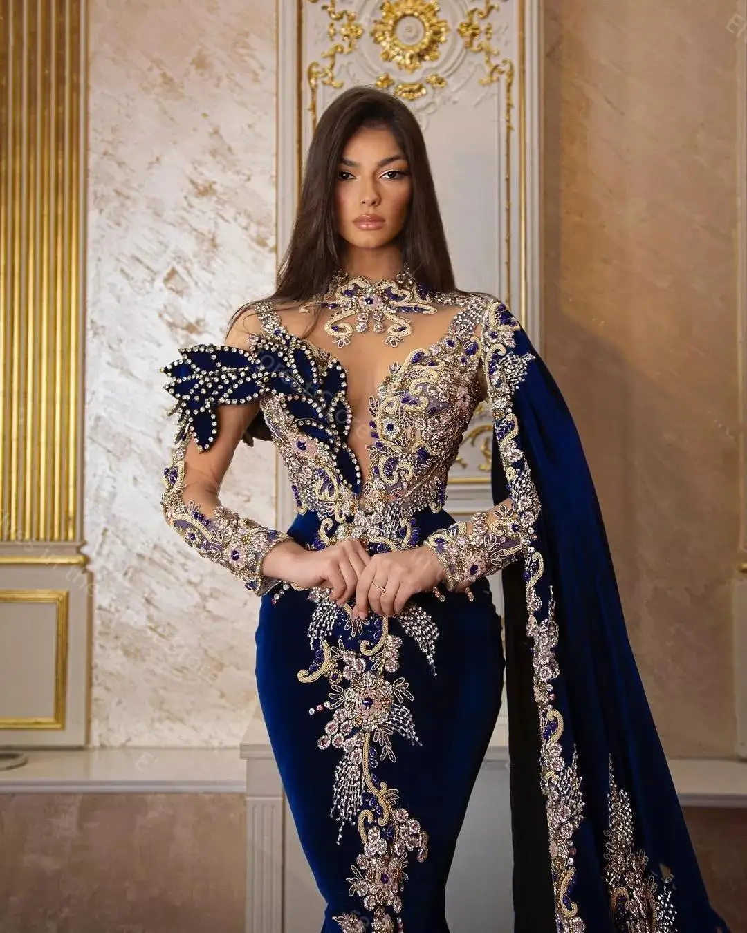 Dubai Luxurious Crystals Mermaid Evening Dresses High Neck Long Sleeves Prom Gowns Customized Beaded Appliques Party Dresses