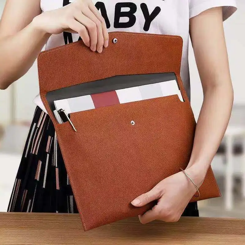 A4 Leather File Folder Simple Big Capacity Document Bag Business File Bag Briefcase Paper Bill Storage Bag Office Supplies