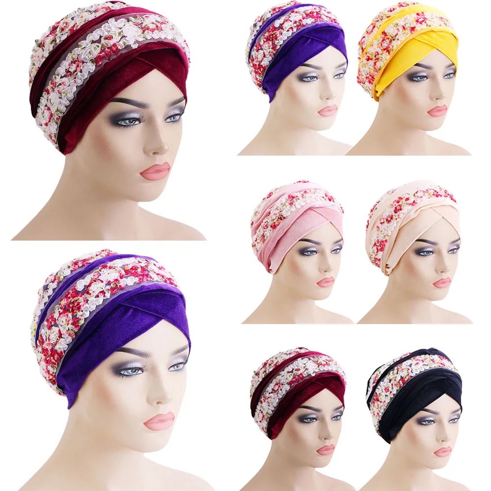 

Women Elegant Lace 3D Flower Long Velvet Turban Muslim Headwrap Hijab Stylish Headscarf African Hair Accessories Luxury Fashion