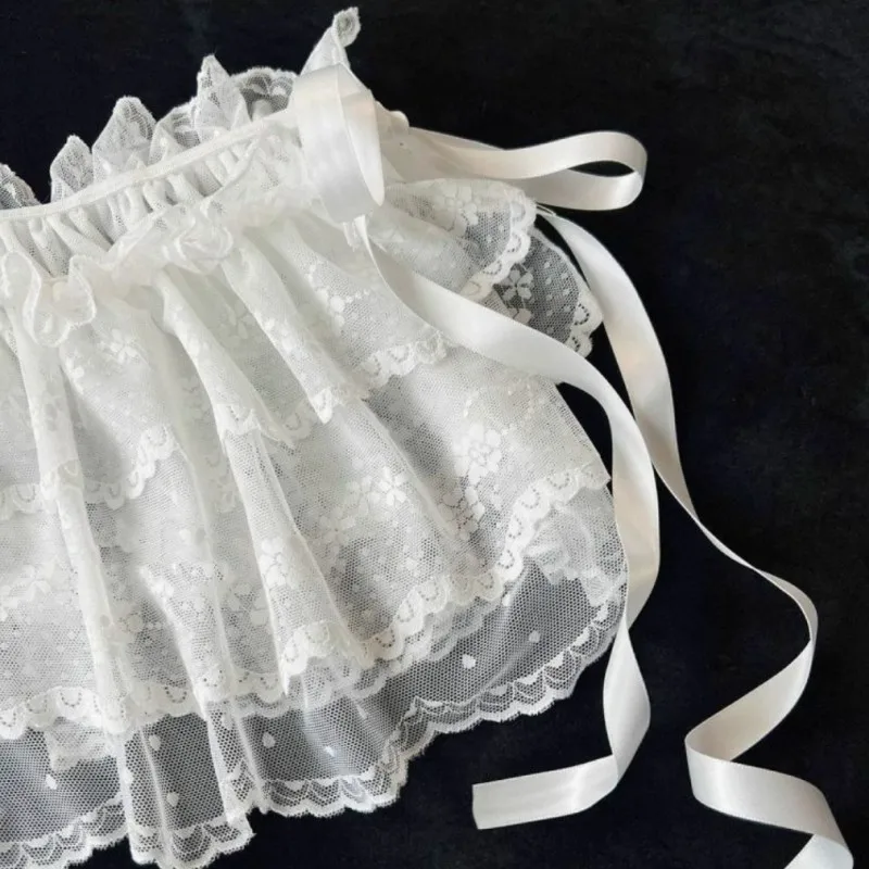 ホワイトレースメッシュペプラムスカート夏の女性用ジーンズ装飾女性用Y2K韓国レースミニレイヤードスカート