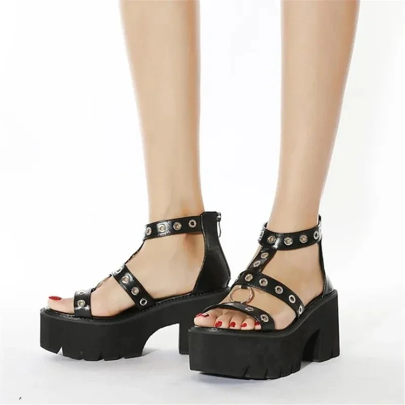 Black Punk Gothic Platform Sandals Open Toe Buckle Strappy Women Summer Shoes Sexy Rivets Thick Heels Footwear Drop Ship