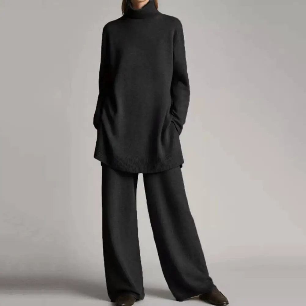 Ins Style Women Autumn Tracksuit Knitted High Collar Sweatshirt Pants Set Oversized Loose Wide Leg Winter Sweatshirt Pants Set