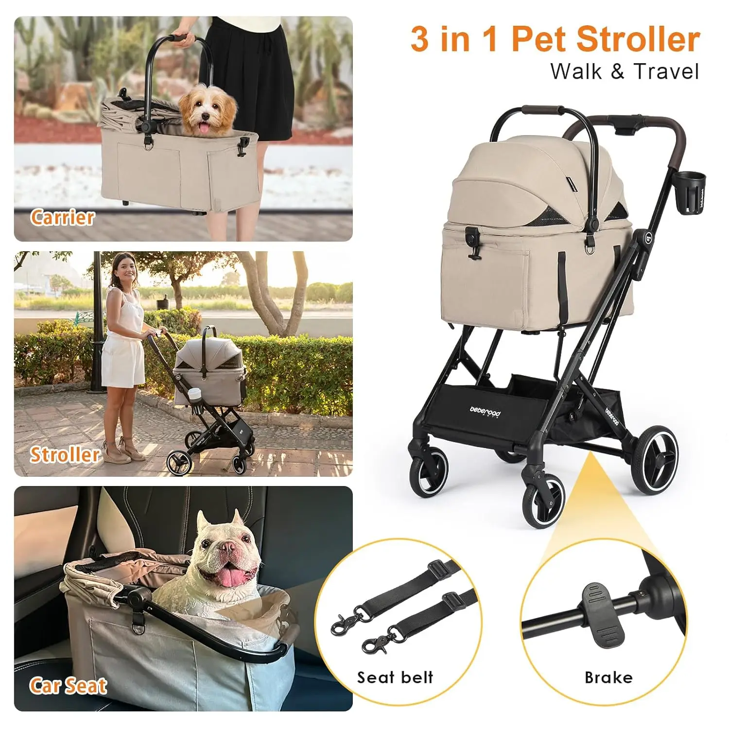 For Pet Walks, Pet Stroller in Camel, with Detachable & One-Click Folding Carrier, Waterproof Pad and Sunshade Canopy