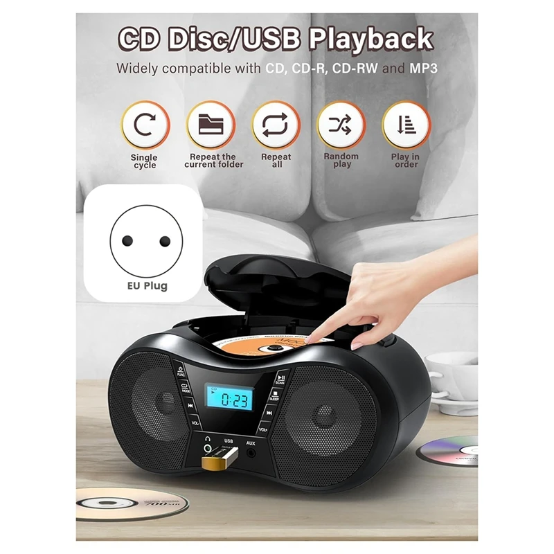 Portable CD Player Bluetooth Boombox CD Player AM/FM Radio Stereo Player, Compatible For CD/CD-R/RW Radio For Home