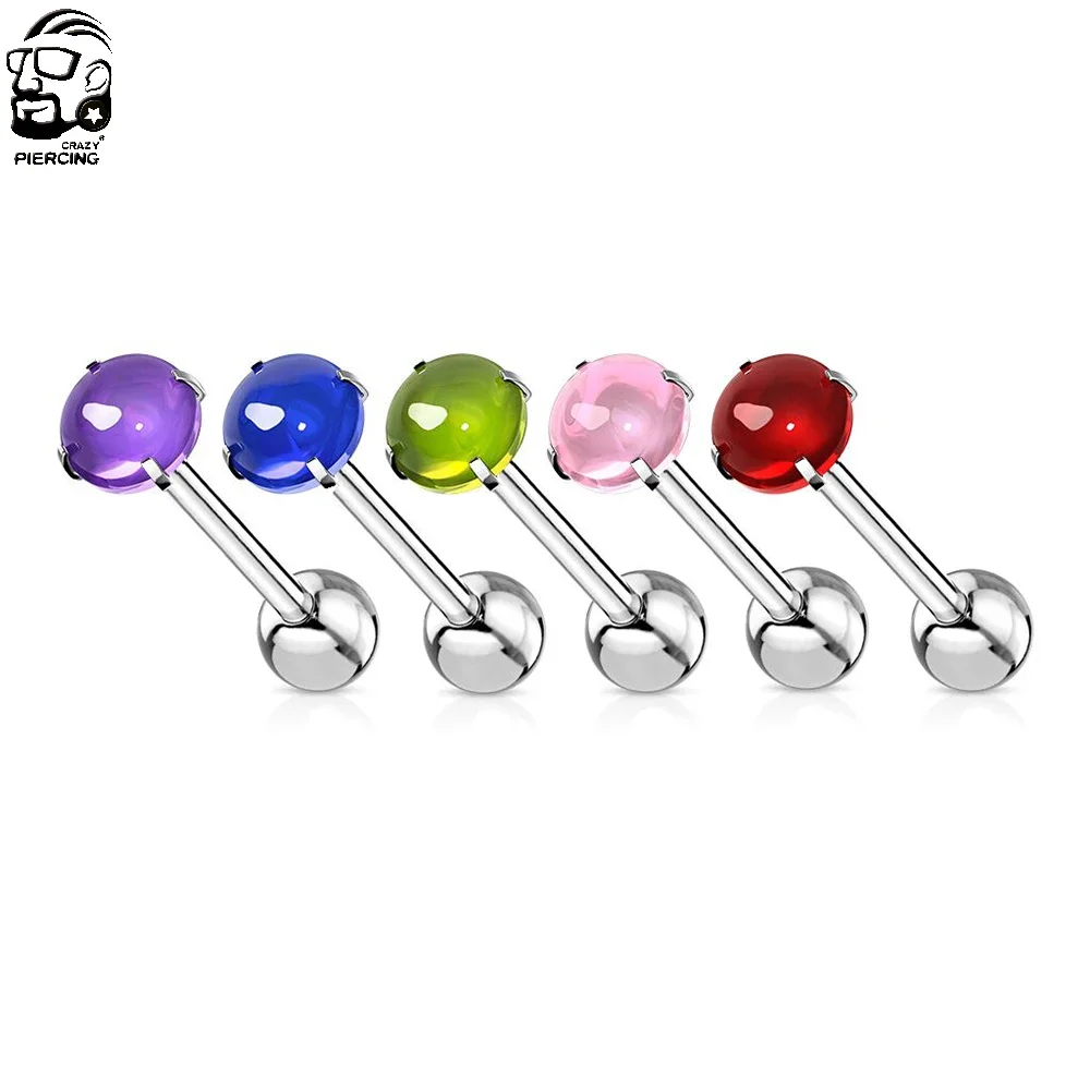 Red Blue Crystal CZ Tongue Ring Stud Barbell Piercing Bar Stainless Steel Curved Cartilage Earring Helix Tongue Piercing Jewelry