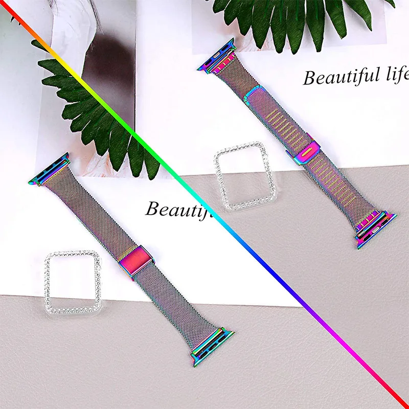 Buckle Closure Milanese Smart Watch Wristband + Rhinestone Watch Protective Case Replacement Bracelet for Apple Watch SE 44mm /