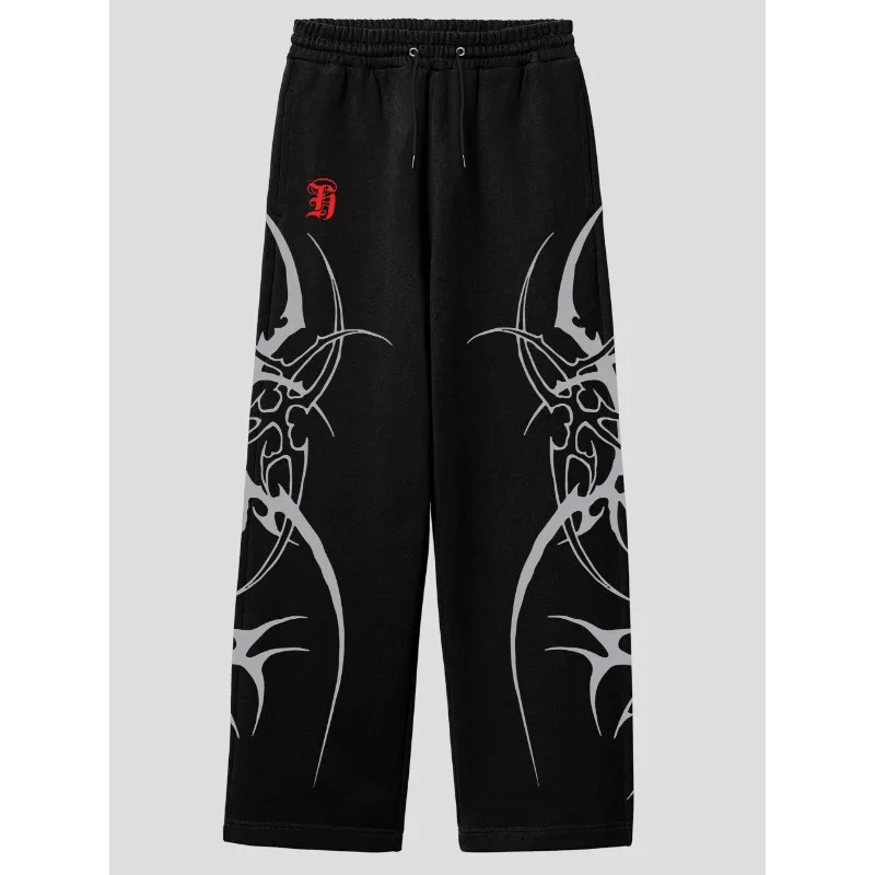 Gothic Horde Totem Wide Leg Sports Pants for WomenY2K Dark Street Style Loose Straight Running Pants Harikurus Punk Casual Pants
