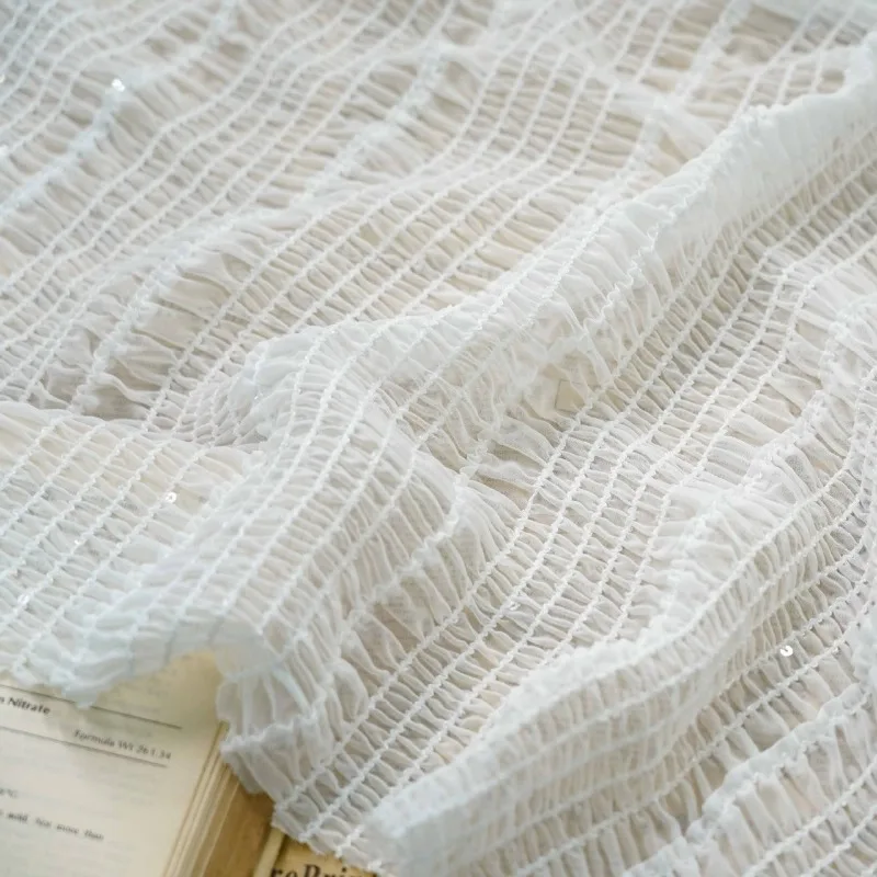 قماش شيفون جميل، قماش دانتيل مكشكش مرن بخطوط لامعة لفستان الزفاف، التنانير، البلوز، أزياء الرقص،