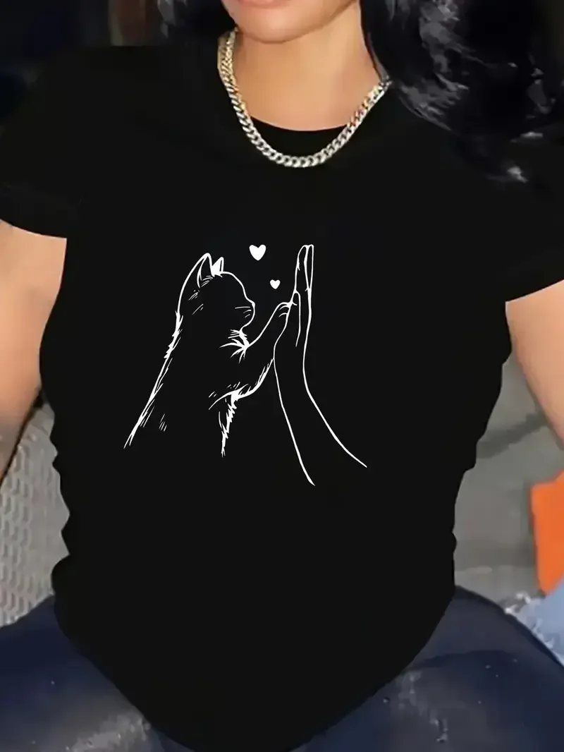 Comfortable Lovely Cat Paw Heart Print T-Shirt Short Sleeve T Shirt Women's T-Shirt Clothing Quick-dry Top Tee