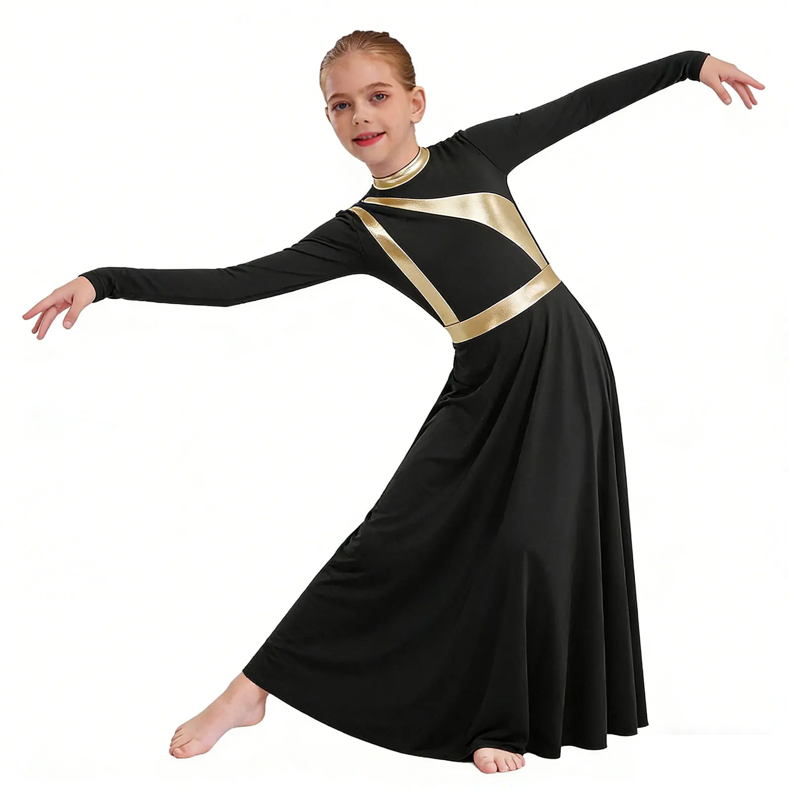 

Kids Girls Metallic Block Long Sleeve Praise Dance Dress for Girl Worship Liturgical Praise Performance Costumes Choir Robes