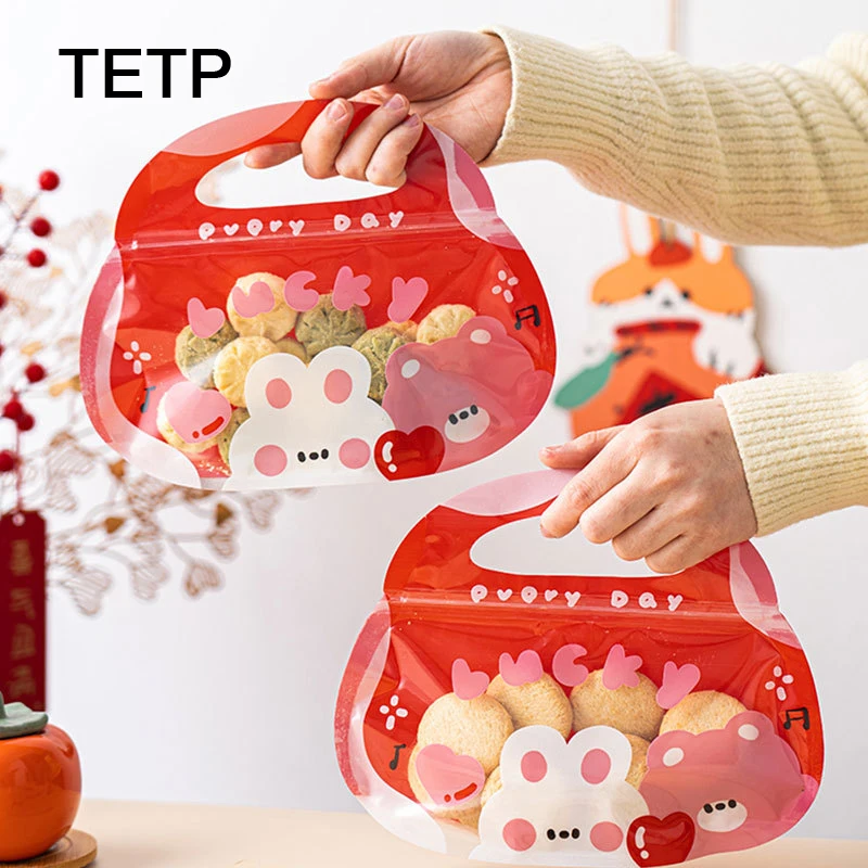 TETP 25Pcs Red Food Packaigng Bags With Clear Window Happy Party For Handmade Cookies Candy Snack Nuts Decoration Favors