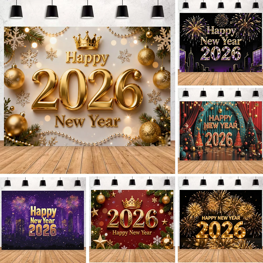 2026 Happy New Year Photography Background Golden Bells Christmas Party Children Family Portrait Backdrop Photo Booth Props