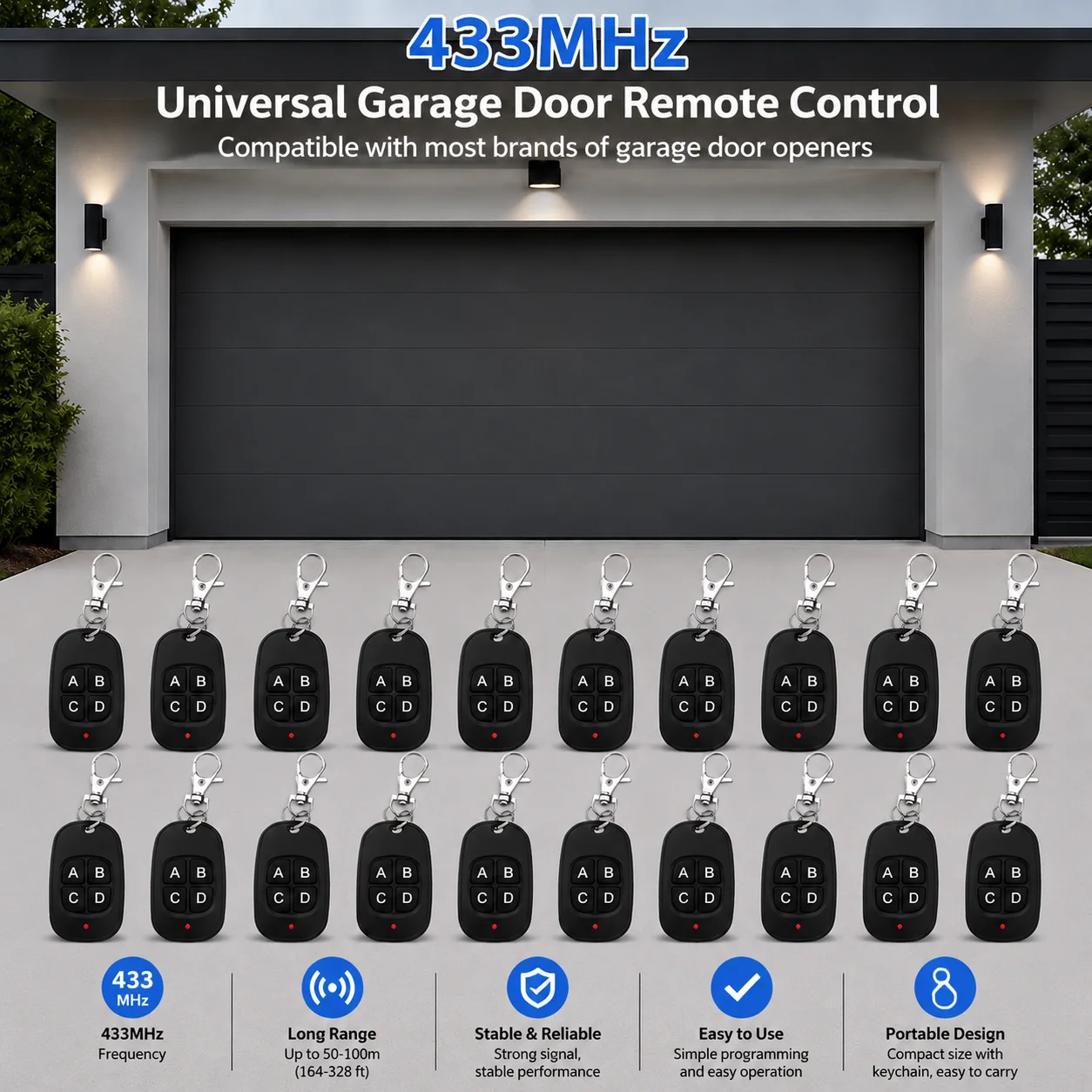 20/10/5PCS 433MHz RF Remote Control Universal Garage Remote 4 Key Duplicator Controller Replacement Wireless Car Keys for Garage
