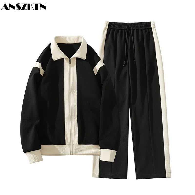 ANSZKTN Spring men's large size color matching jacket coat casual pants two-piece cardigan suit