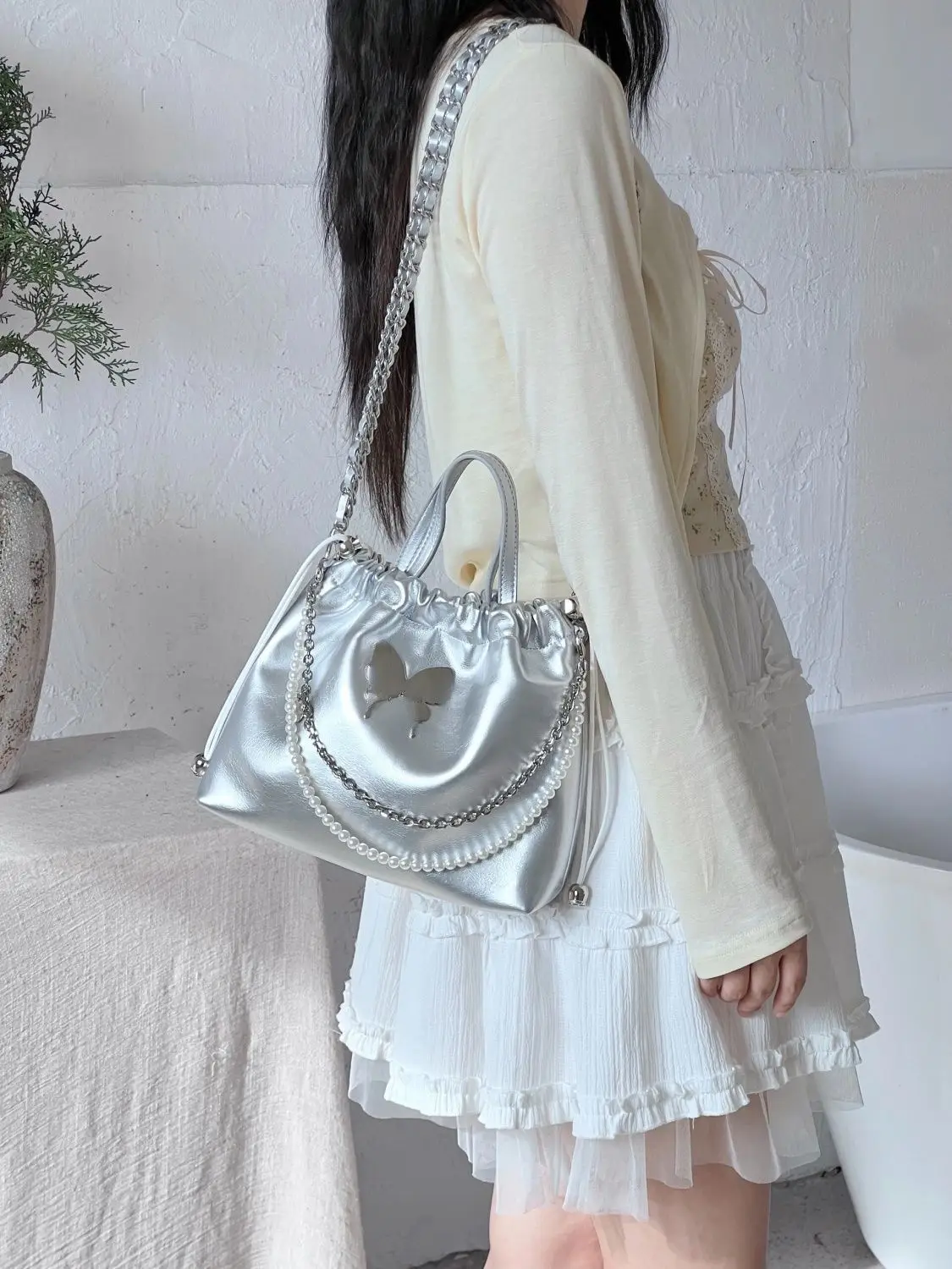 JIAERDI Sweet Silver Y2k Mochila donna Harajuku Vintage Leather Pearl Chic Mini zaini Ladies Fairycore zaino estetico