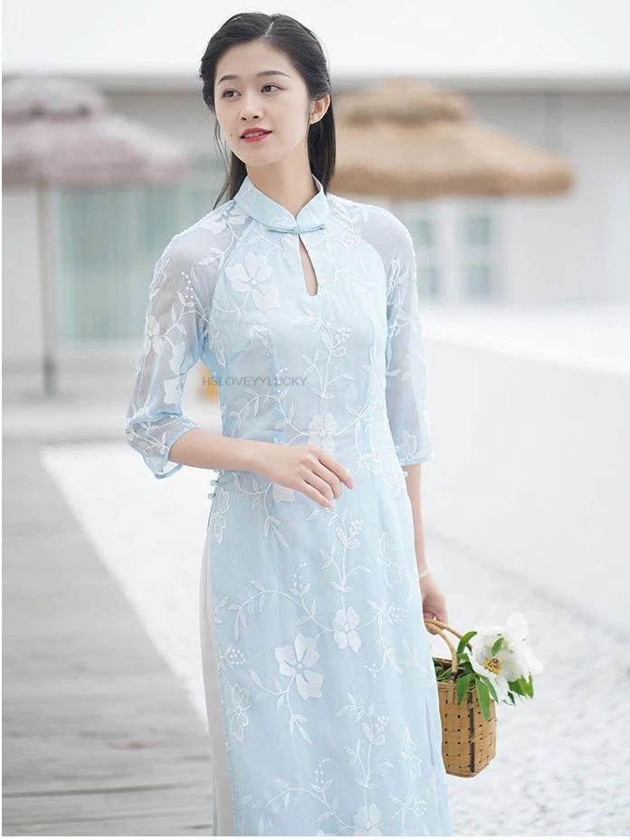 فيتنام Aodai الجنية مزاجه فستان صيني رائع الأزهار الطباعة الشاي الفن فيستدو الجوف خارج سليم آو داي فستان جنية #6