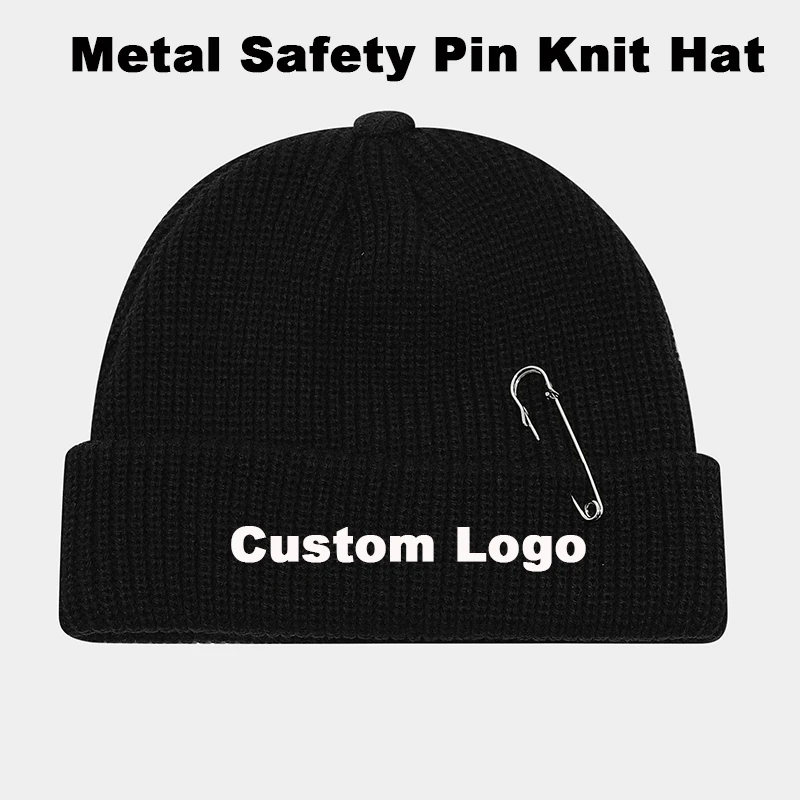 Custom Logo Solid Safety Pin Acrylic Knit Beanie Korean Basic Warm Winter Couple Street Skull Cap Embroidery