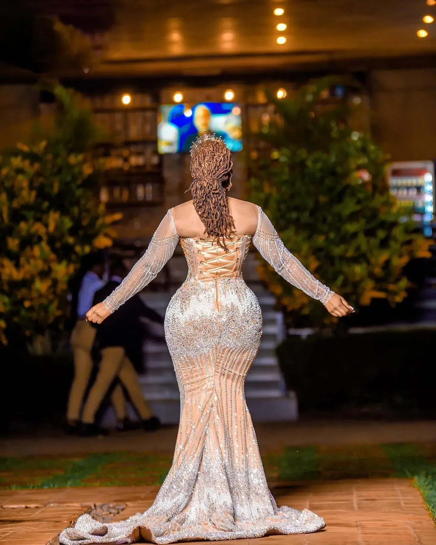 Per occasioni speciali Strass Sera in pizzo Festa formale Compleanno Secondo fidanzamento Abiti Africano Aso Ebi Champagne Sirena